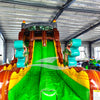 Front view of dinosaur water slide with vibrant colors, dual lanes, and large splash area.