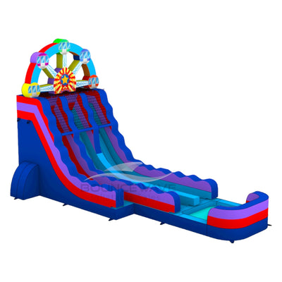 Large inflatable water slide with Ferris wheel theme, featuring colorful design, multiple lanes, and splash pool.