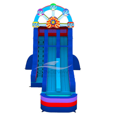 Front view of Ferris wheel-themed inflatable water slide, showing tall structure with multiple sliding lanes and decorative wheel on top.