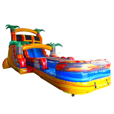 Side view of Fiesta Fire hybrid water slide showcasing its length, dual lanes, and tropical-inspired design with palm trees.