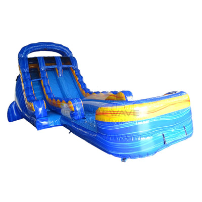 Large inflatable water slide with blue and orange colors, featuring dual lanes and a wave-shaped splash pool.