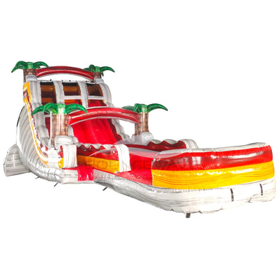 Large tropical-themed inflatable water slide with dual lanes, palm tree decorations, and red, yellow, and white color scheme.