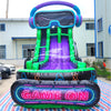 Front view of gaming-themed inflatable water slide showcasing dual purple lanes, green supports, and large Game On sign at the bottom.