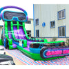 Side view of gaming-themed inflatable water slide showing tall structure with dual sliding lanes and neon-style Game On sign at the base.