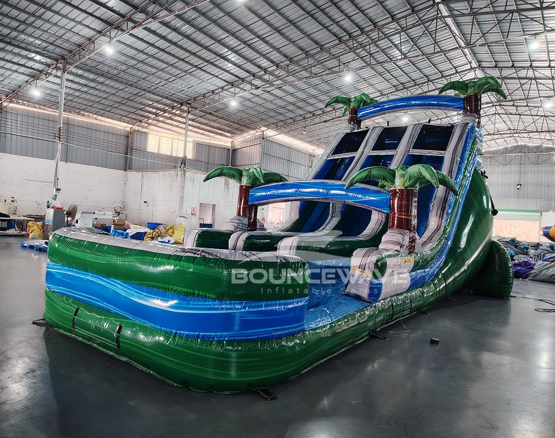 18ft Green Gush Dual Lane Center Climb Inflatable Water Slide - BounceWave Inflatable Sales