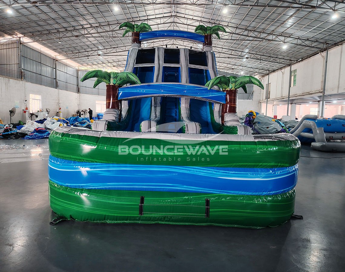 18ft Green Gush Dual Lane Center Climb Inflatable Water Slide - BounceWave Inflatable Sales