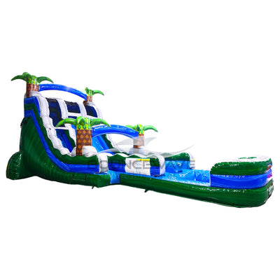 Side view of Green Gush hybrid water slide featuring dual lanes, palm trees, and extended splash pool with tropical design.