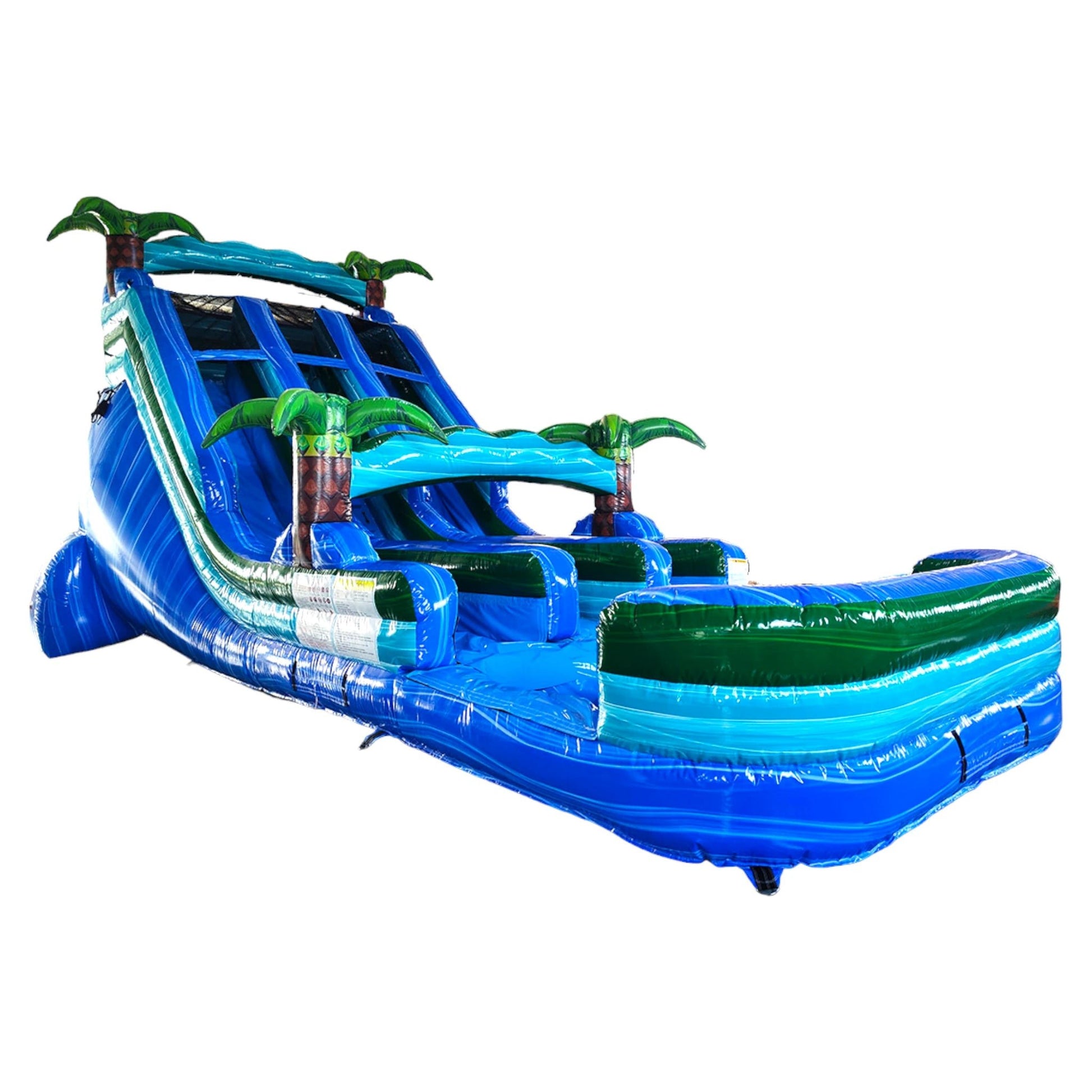 Large inflatable water slide with tropical theme, featuring three blue sliding lanes, palm tree decorations, and a central climbing structure, set against a white background.