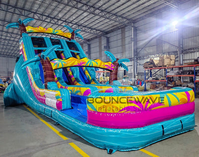 18ft Island Flow Palms Dual Lane Center Climb Inflatable Water Slide - BounceWave Inflatable Sales