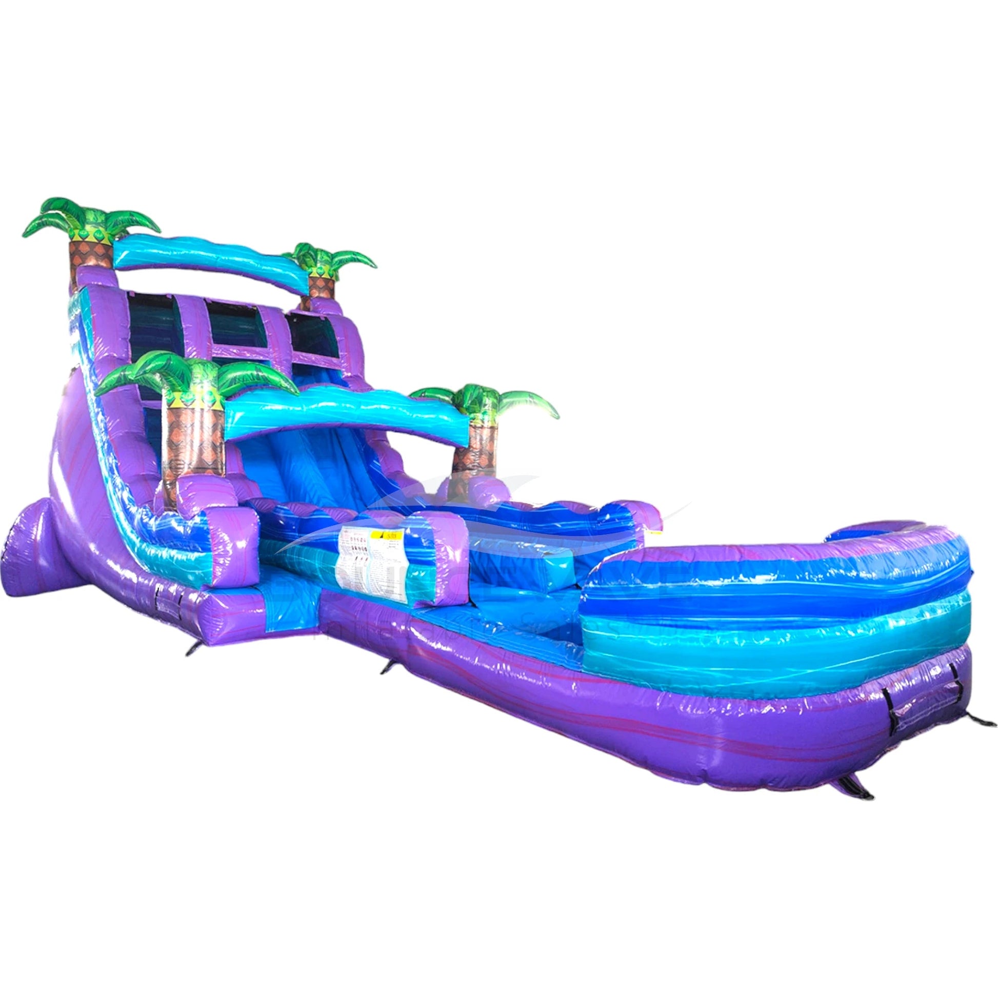 Side view of Purple Plunge hybrid water slide showing full length with dual sliding lanes, palm tree accents, and large splash area with blue and purple colors.