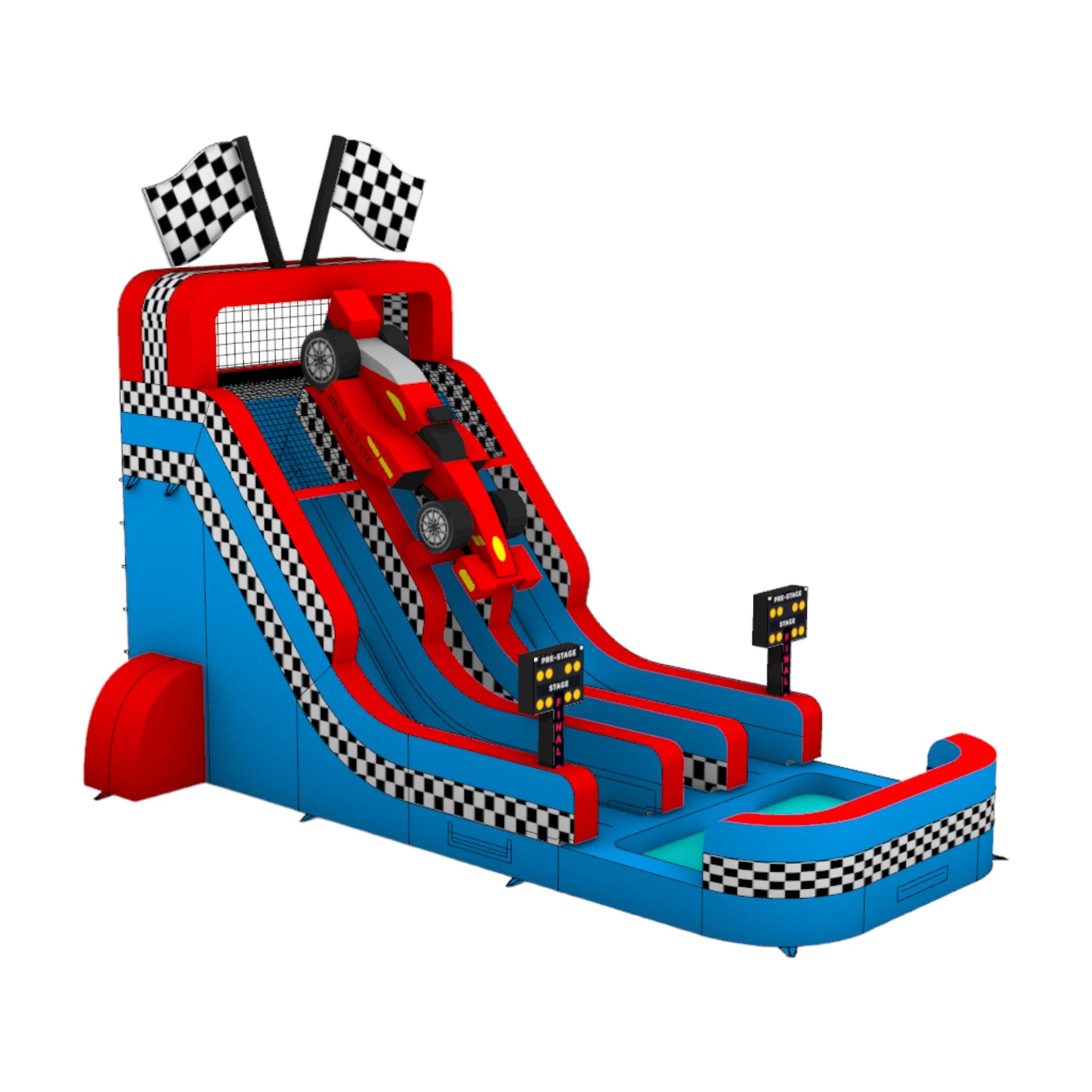 Side view of an 18ft inflatable race car-themed water slide with red and blue colors, checkered flag patterns, three sliding lanes, and a large splash pool area at the base.