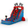 Inflatable water slide with racing theme featuring red and blue colors, checkered flags on top, a race car design, and three sliding lanes with timing displays at the bottom.