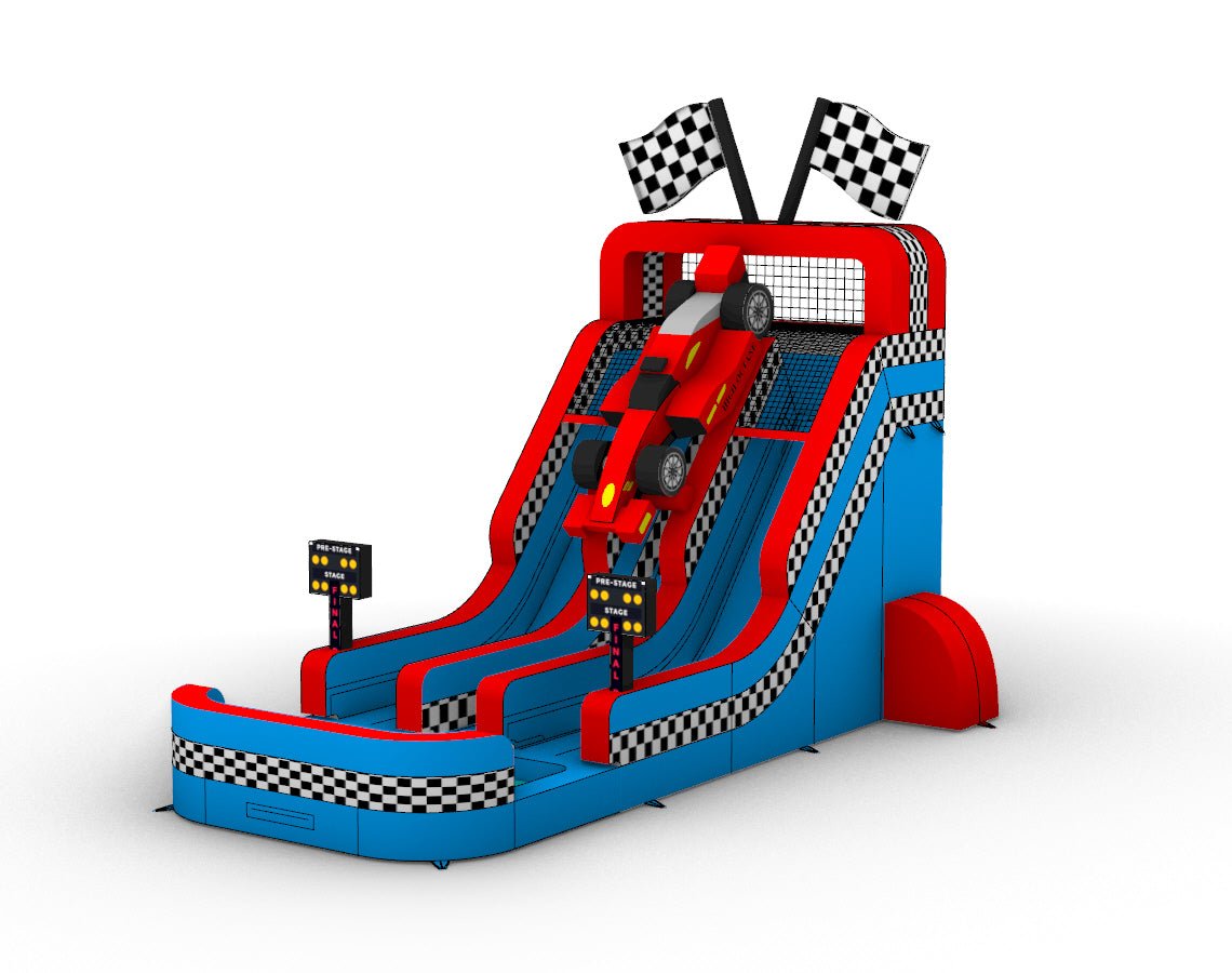 Inflatable water slide with racing theme featuring red and blue colors, checkered flags on top, a race car design, and three sliding lanes with timing displays at the bottom.