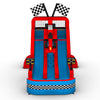 Front view of an 18ft Race Car Center Climb water slide showing three blue sliding lanes, red borders, a race car design at the top, checkered flags, and timing displays on both sides.