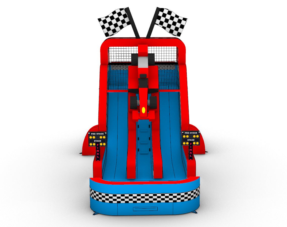 Front view of an 18ft Race Car Center Climb water slide showing three blue sliding lanes, red borders, a race car design at the top, checkered flags, and timing displays on both sides.