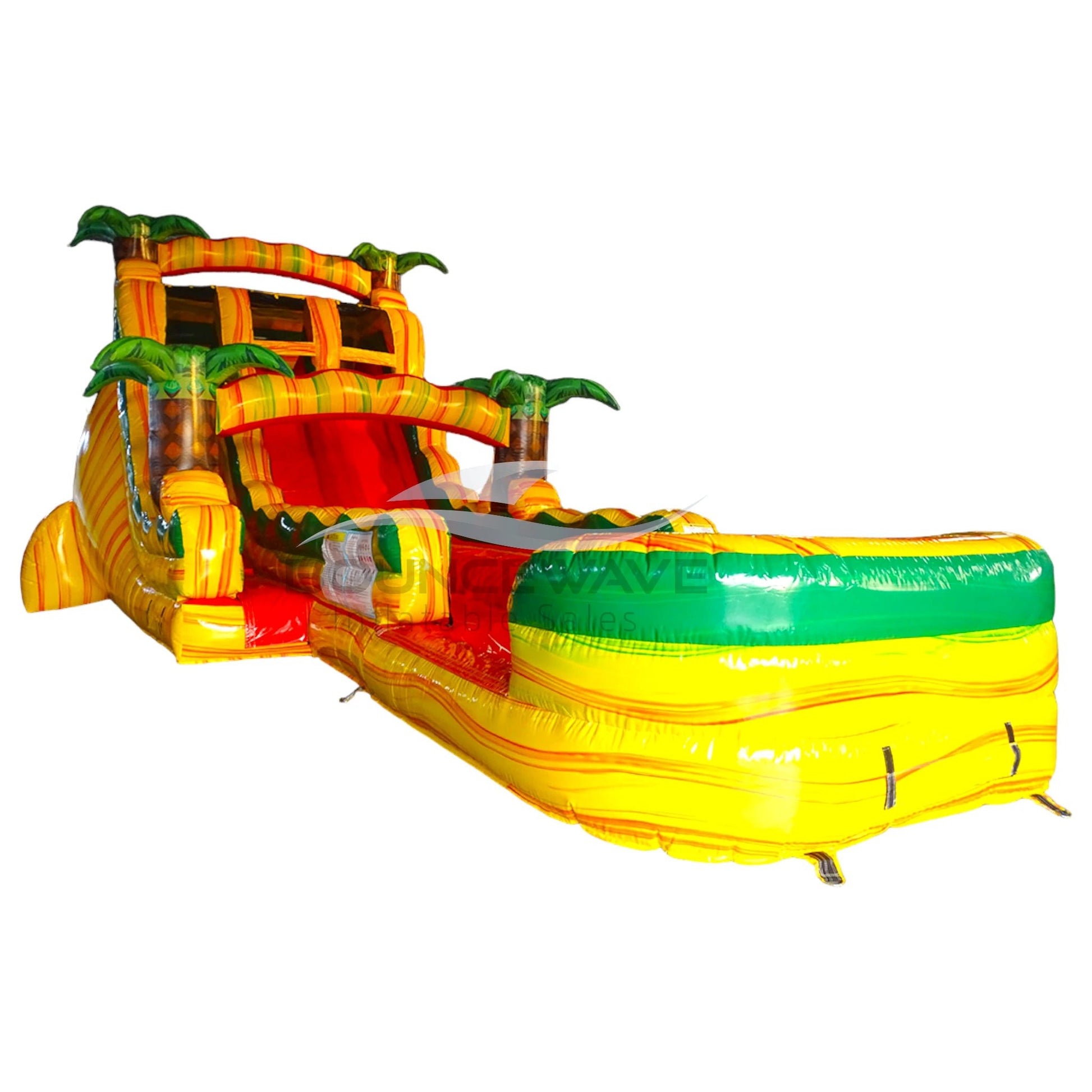 Side view of Rasta Splash hybrid water slide showing full length with dual sliding lanes, palm tree accents, and large splash area with yellow, green, and red colors.