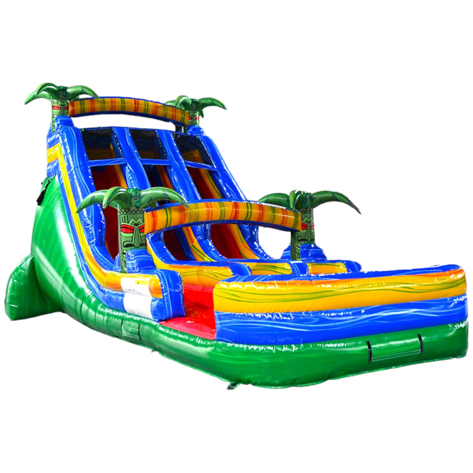 18ft-reggae-rush-center-climb-water-slide-349969.jpg: Large inflatable water slide with tropical theme, featuring blue sliding lanes, colorful palm tree decorations, tiki-style arches, and a vibrant splash pool area with red, yellow, and green accents.