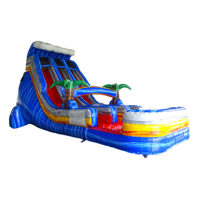 Side view of 18ft Rip Curl Center Climb water slide showing vibrant blue, red, and yellow colors, inflatable palm trees, and a large splash pool area, isolated on a white background.