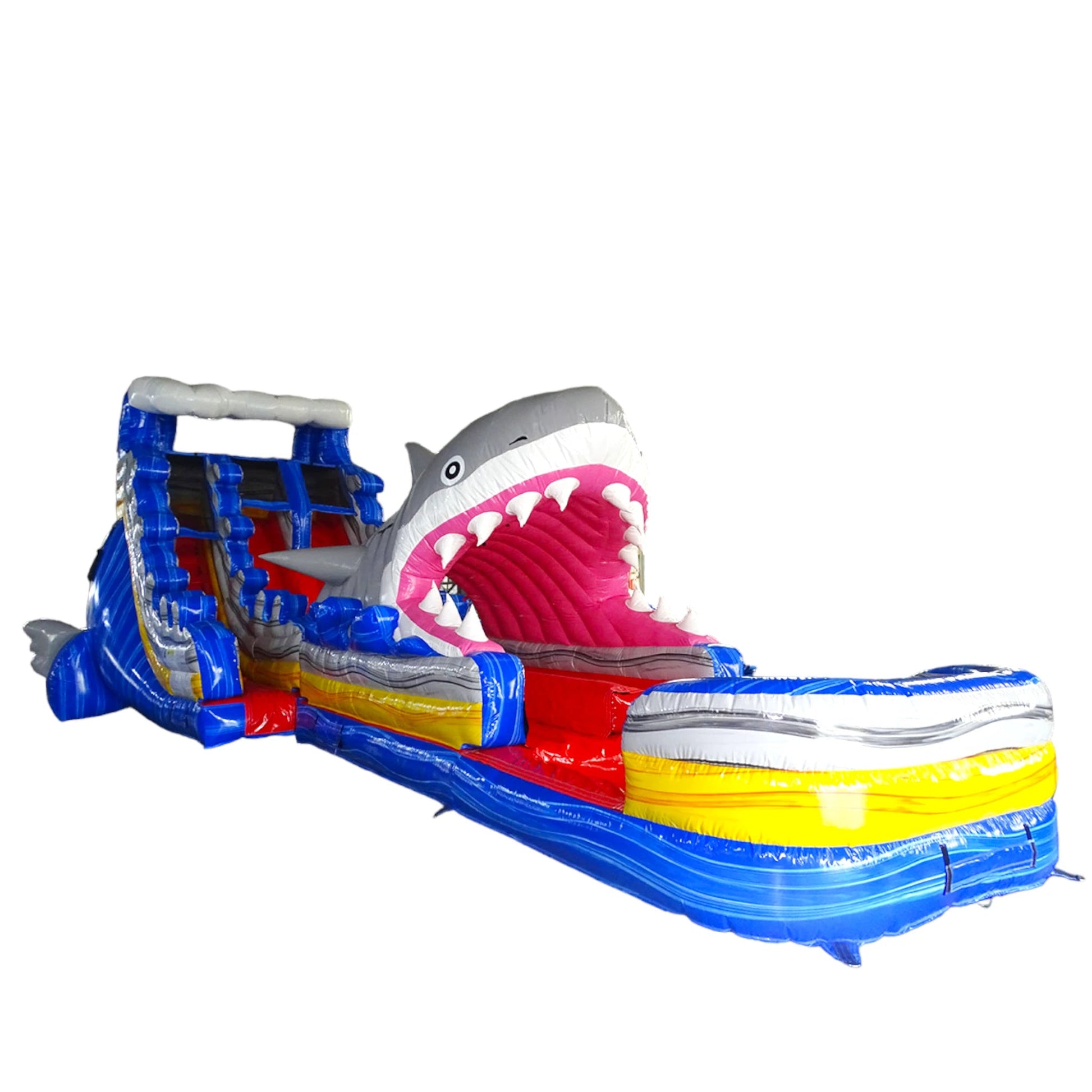 Large ocean-themed inflatable water slide featuring a giant shark head, dual blue sliding lanes, colorful sea creature decorations, and an extended splash pool with octopus tentacles.