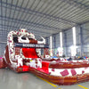 Side view of Rodeo Rush hybrid water slide showing full length with dual sliding lanes, cow print decorations, and large splash area with red sliding surface.