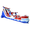 Side view of 18ft Star Spangled Splash Center Climb water slide showing patriotic red, white, and blue design, star decorations, and a large splash pool area with wave patterns, isolated on a white background.