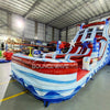 Angled view of the 18ft Star Spangled Splash inflatable water slide, showcasing its American flag-inspired design with red, white, and blue colors, star decorations, three sliding lanes, and a large splash pool area with "BOUNCEWAVE Inflatable Sales" branding.