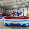 Front view of 18ft Star Spangled Splash Center Climb water slide featuring patriotic color scheme, star decorations, three sliding lanes, and a spacious splash pool with red, white, and blue wave patterns, set up in an indoor warehouse surrounded by other inflatables and equipment.