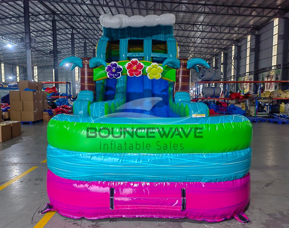 18ft Summer Luau Hybrid Dual Lane Inflatable Water Slide - BounceWave Inflatable Sales