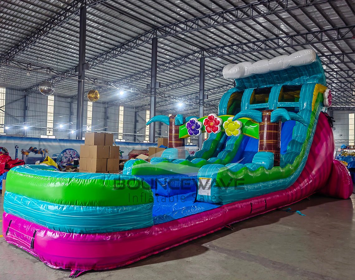 18ft Summer Luau Hybrid Dual Lane Inflatable Water Slide - BounceWave Inflatable Sales