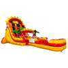 Large tropical-themed inflatable water slide featuring sun design on top, dual sliding lanes, palm tree decorations, and an extended splash pool with red and yellow colors.