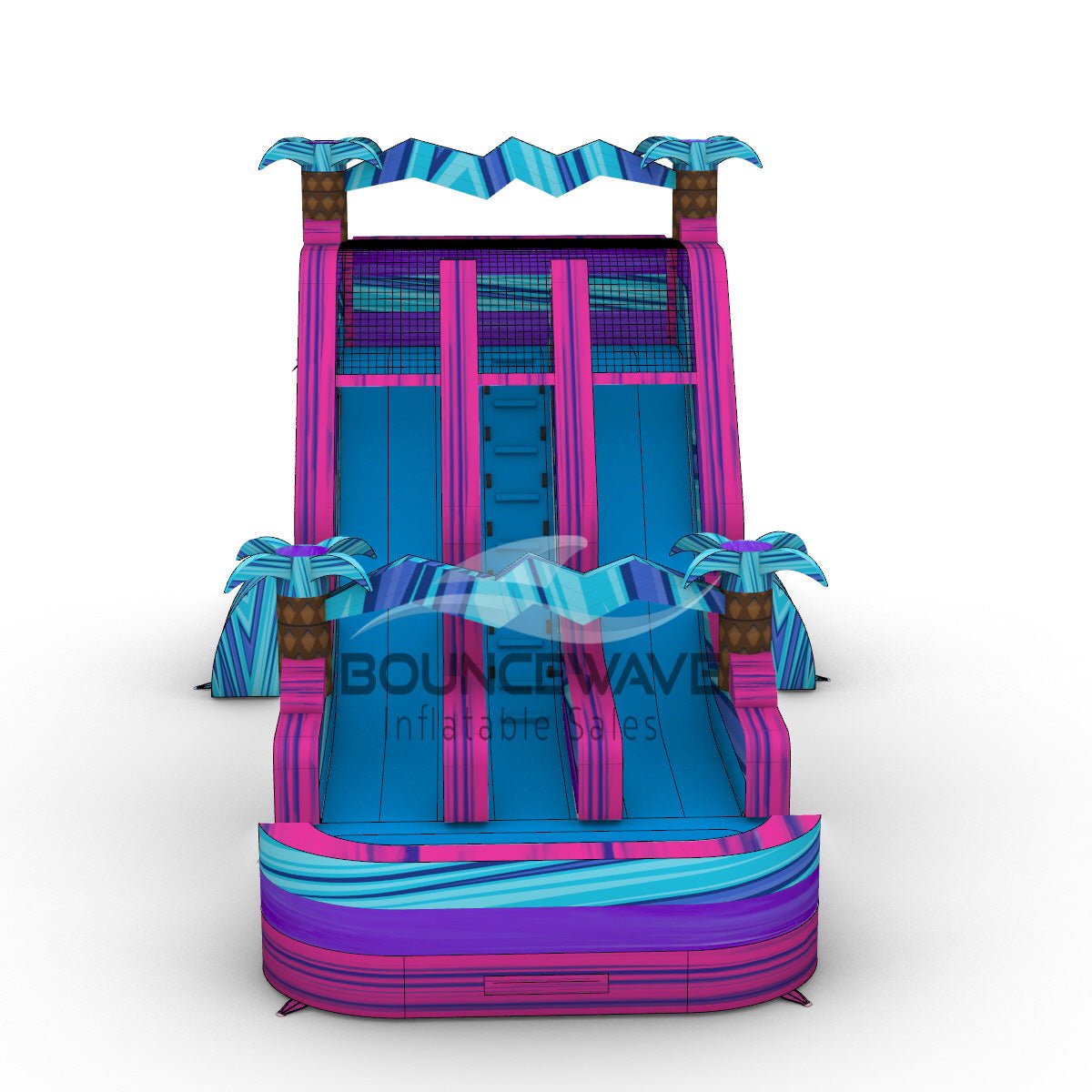 Front view of the 18ft Supernova Splash Center Climb water slide displaying its vibrant colors, three sliding lanes, inflatable palm trees, and central climbing structure. The "BOUNCEWAVE Inflatable Sales" branding is visible on the splash pool area.