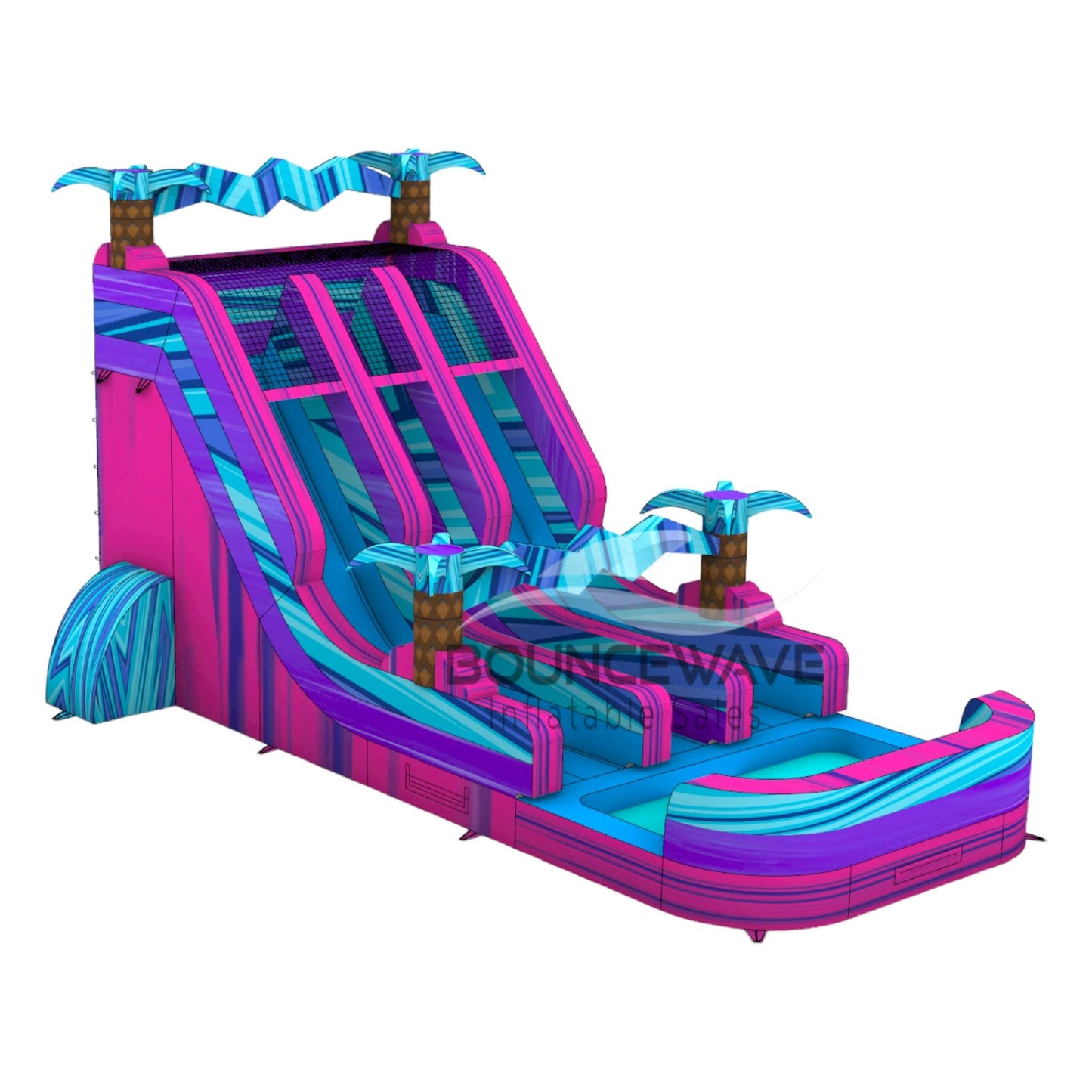 Large inflatable water slide with vibrant blue, pink, and purple colors featuring three sliding lanes, palm tree decorations, and a wavy design. The slide has a tropical theme with a central climbing structure and a spacious splash pool area.