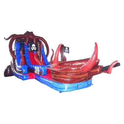 Angled view of Tentacle Typhoon hybrid water slide showcasing its length, octopus design, dual sliding lanes, pirate ship theme, and blue splash pool area.