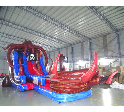 Angled view of Tentacle Typhoon hybrid water slide showcasing its length, octopus design, dual sliding lanes, pirate ship theme, and blue splash pool area.