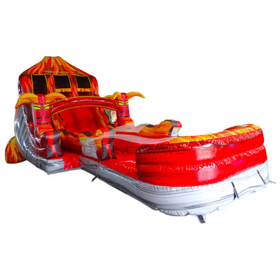 Close-up view of Tiki Volcano inflatable water slide displaying vibrant red and orange colors, tiki face decorations, dual lanes, and volcano-shaped top structure.