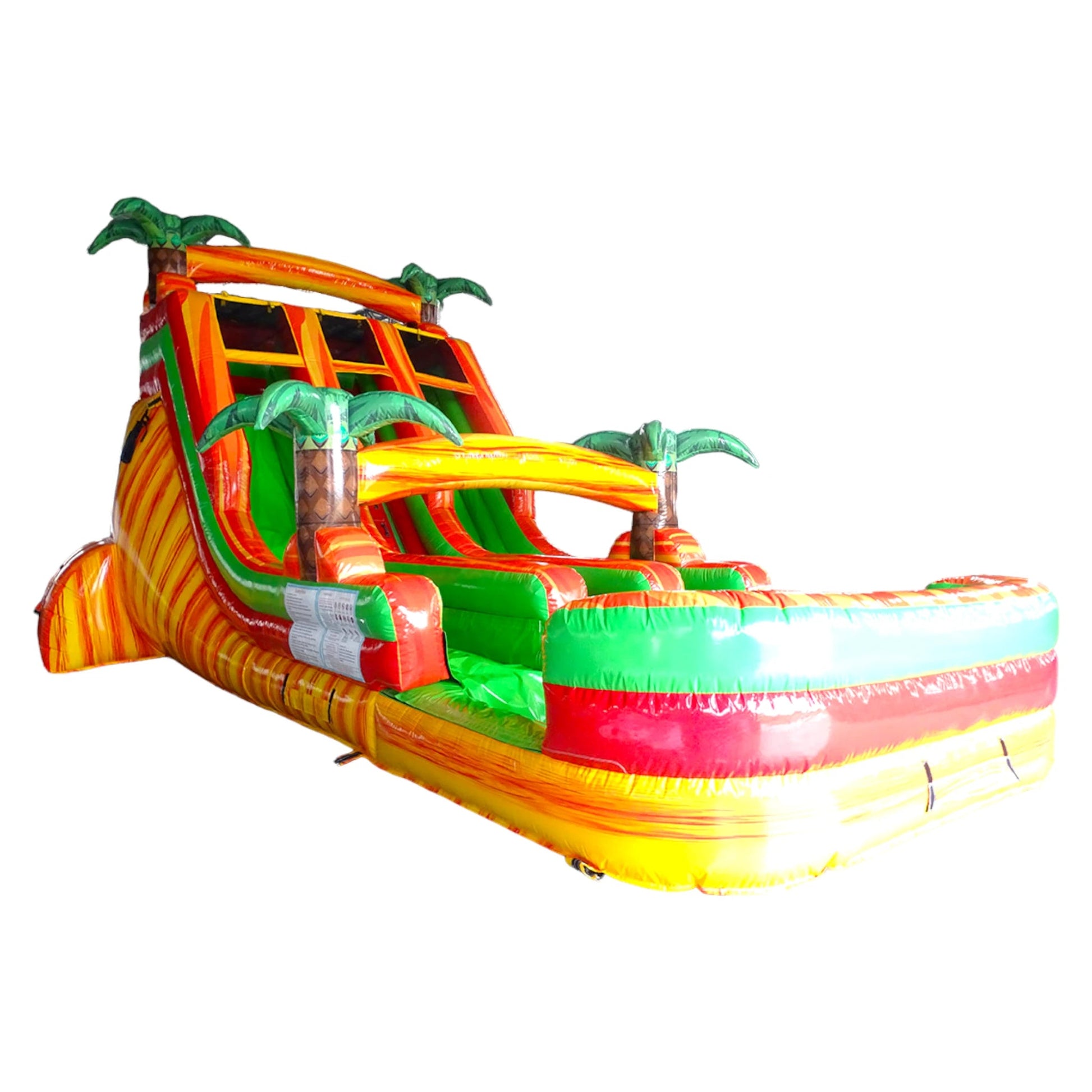 Front angled view of the 18ft Tropical Inferno inflatable water slide, showcasing its orange and green sliding lanes, palm tree decorations, and colorful splash pool. The image is isolated on a white background, highlighting the slide's tropical design.