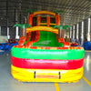 Front view of Tropical Inferno inflatable water slide displaying vibrant yellow, red, and green design, dual lanes, palm tree accents, and spacious splash pool with inflatable barriers.