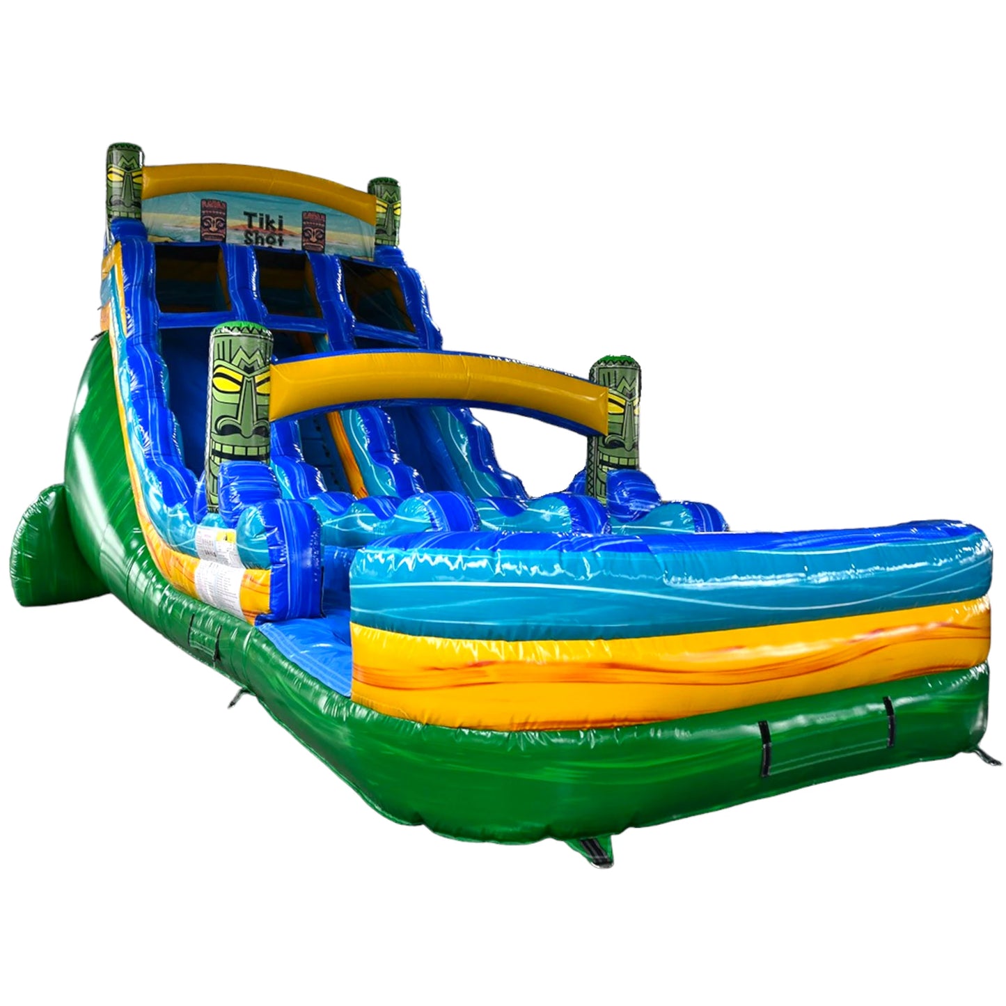 Isolated view of the 18ft Tiki Shot Center Climb water slide, highlighting its blue sliding lanes, tiki decorations, yellow and green accents, and spacious splash pool area against a white background.