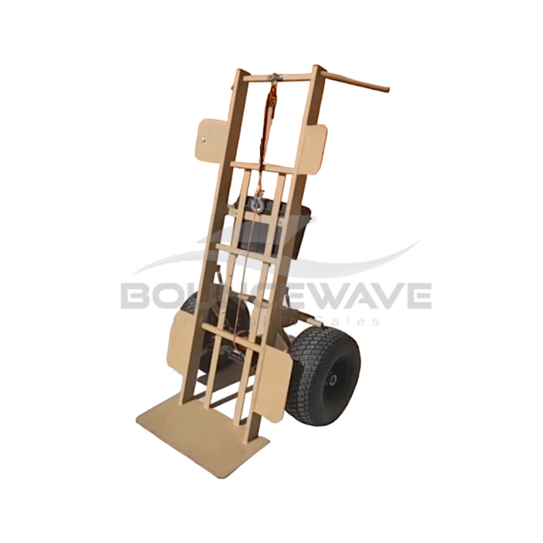 2-Wheel Heavy Duty Hand Truck Dolly with Winch featuring tan metal frame, large pneumatic tires, adjustable support plate, and manual winch mechanism for lifting heavy loads