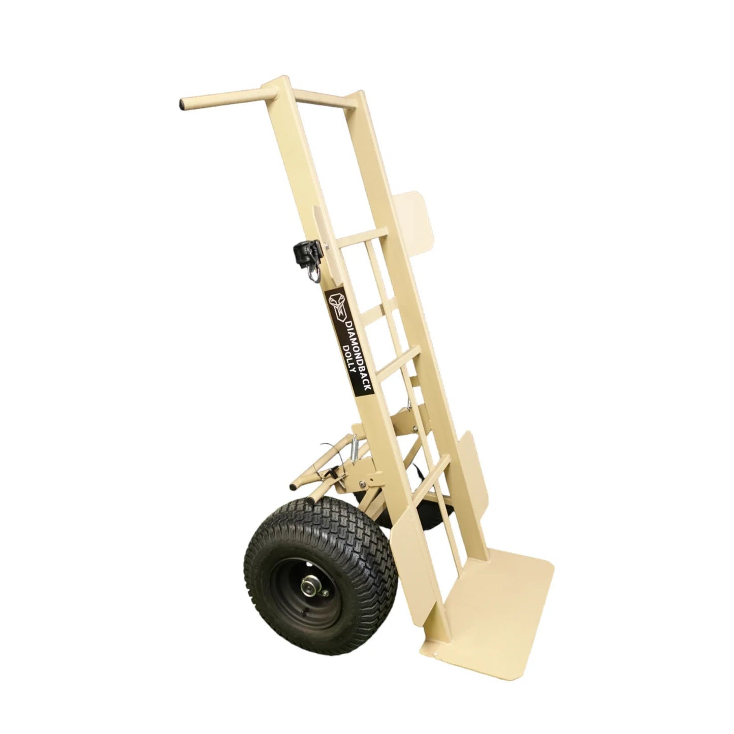 2-Wheel Heavy Duty Hand Truck Dolly with Brake featuring tan metal frame, large pneumatic tires, adjustable support plate, and integrated brake mechanism for secure handling of heavy loads