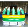 Front view of the 20ft Dino Dive Hybrid DL inflatable water slide, showcasing its green sliding lanes, T-Rex decorations, and spacious splash pool with "BOUNCEWAVE" branding. The slide combines open and tube slide elements, set up in an indoor warehouse.