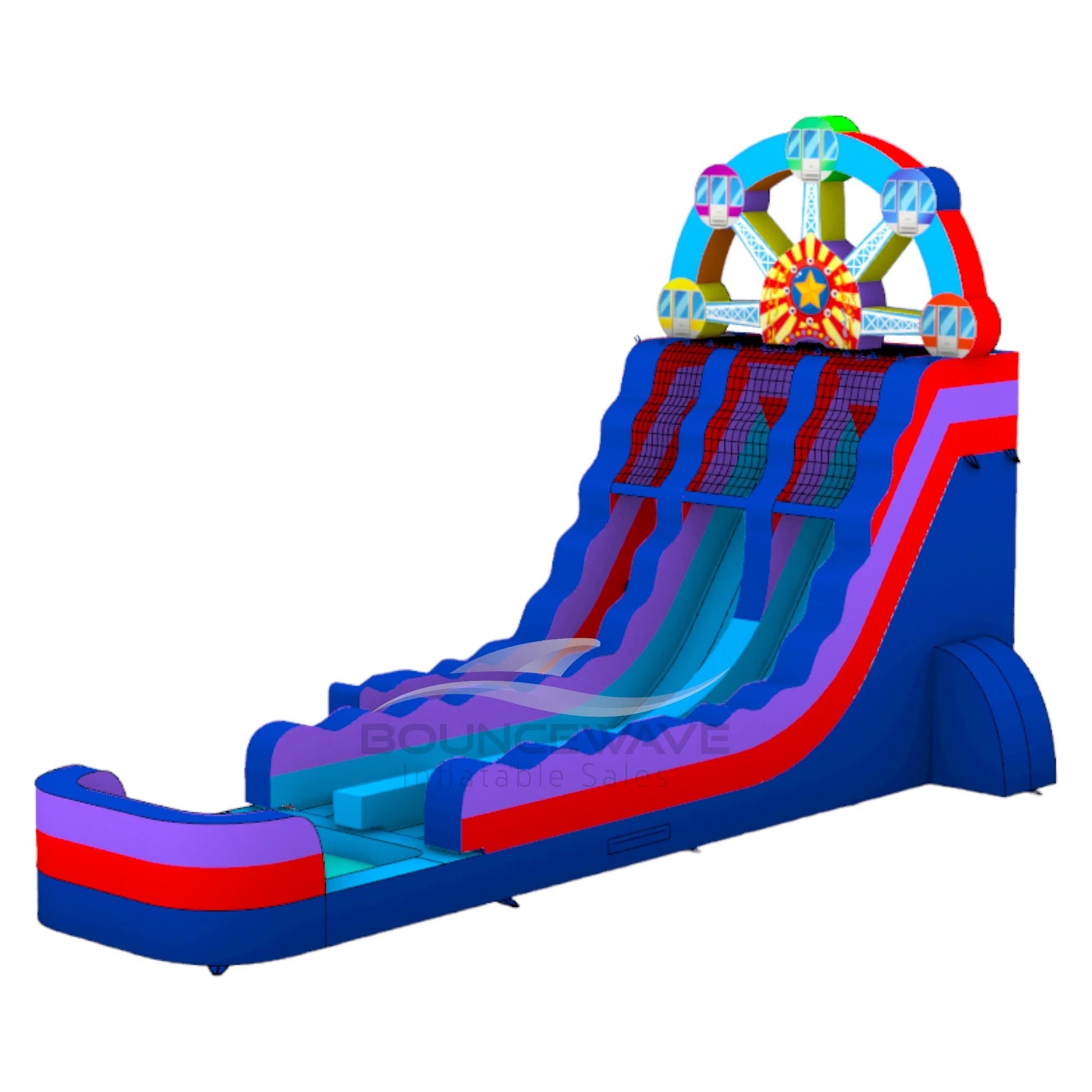 Large inflatable water slide with carnival theme, featuring a colorful Ferris wheel decoration on top, multiple sliding lanes in blue and red, and a spacious splash pool area. The slide combines open and enclosed sections, set up in an indoor warehouse.