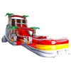 Side view of 20ft Fire Island Hybrid DL water slide showing bright red, yellow, and white design, inflatable palm trees, and a large splash pool area. The slide features both open and enclosed sliding sections, isolated on a white background.