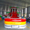 Front view of 20ft Fire Island Hybrid DL water slide featuring red, yellow, and white colors, inflatable palm trees, and a large splash pool area with "BOUNCEWAVE Inflatable Sales" branding. The slide is set up in an indoor facility surrounded by other inflatable products.