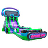 Close-up view of 20ft GameWave Hybrid DL water slide featuring the giant goggles and headphones design, green support columns, purple sliding lanes, and "GAME ON" neon sign. The slide is shown against a white background, highlighting its vibrant colors and unique gaming theme.