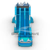 Front view of 20ft Glacier Bay Hybrid DL water slide showing vibrant blue colors, snowy mountain peaks, and a large splash pool area with "BOUNCEWAVE Inflatable Sales" branding. The slide features both open and enclosed sliding sections.