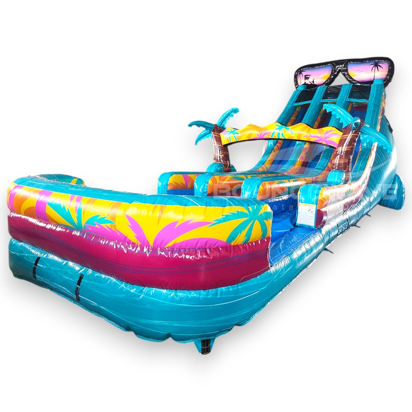 20ft Island Flow Dual Lane Center Climb Inflatable Water Slide isolated view highlighting sunglasses-shaped top, dual slides, palm tree accents, and large splash area
