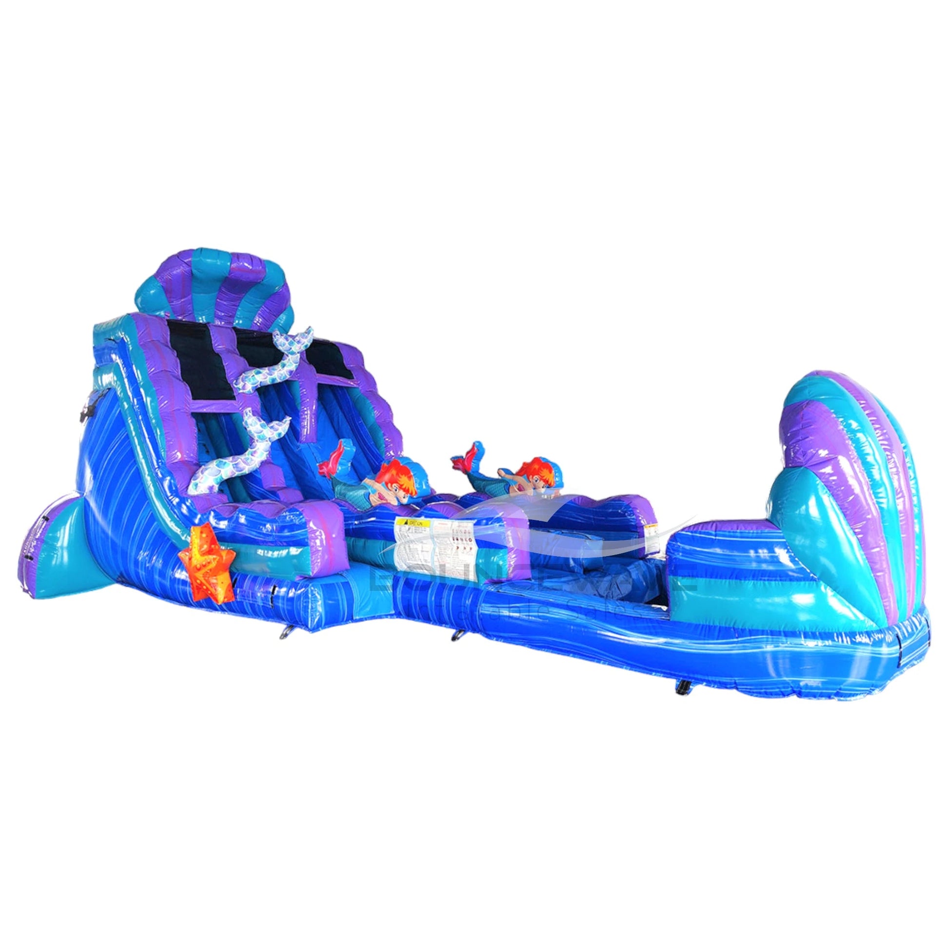 Side view of 20ft Mermaid's Cove Hybrid DL water slide showing vibrant blue, purple, and turquoise colors, shell-shaped design elements, and mermaid figures. The slide features both open and enclosed sliding sections, displayed against a white background.