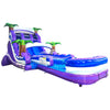 Side view of 20ft Purple Thunder Hybrid DL water slide showing bright purple and blue design, inflatable palm trees, and a large splash pool area. The slide features both open and enclosed sliding sections, displayed against a white background.