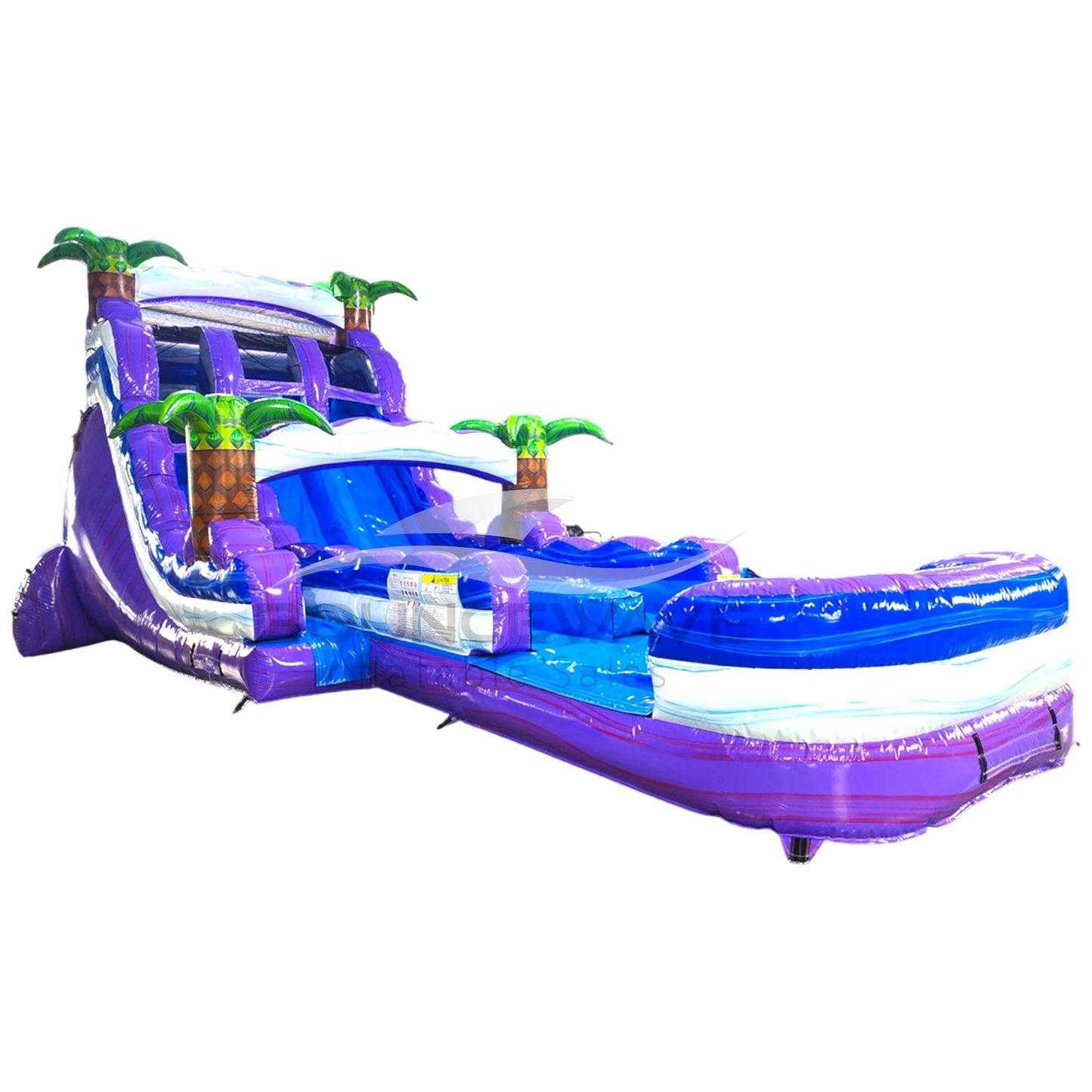 Side view of 20ft Purple Thunder Hybrid DL water slide showing bright purple and blue design, inflatable palm trees, and a large splash pool area. The slide features both open and enclosed sliding sections, displayed against a white background.